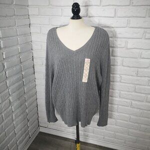 NWT St John's Bay Ladies Size 3X V-neck Grey Cable Stitch Sweater